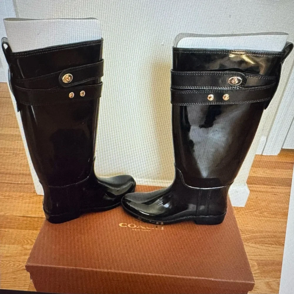Coach Women Rain Boots Shoes Trisha Tall Rubber Mat Black Rain Boots Size 7 - Picture 2 of 5